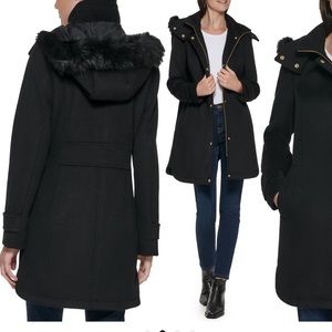 Cole Haan Women's Faux-Fur-Trim Hooded Walker Coat Black 14 Wool